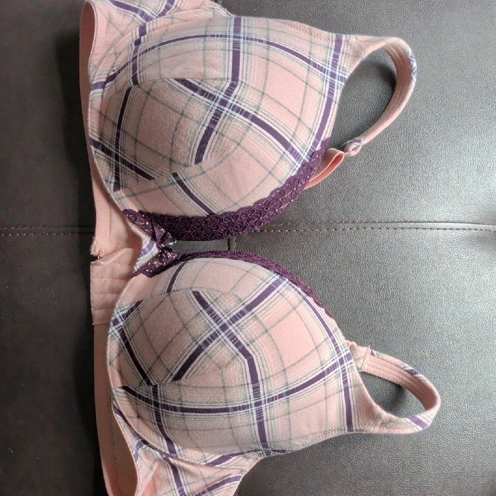 Cacique Pink Plaid Molded Bra with Purple Lace Trim